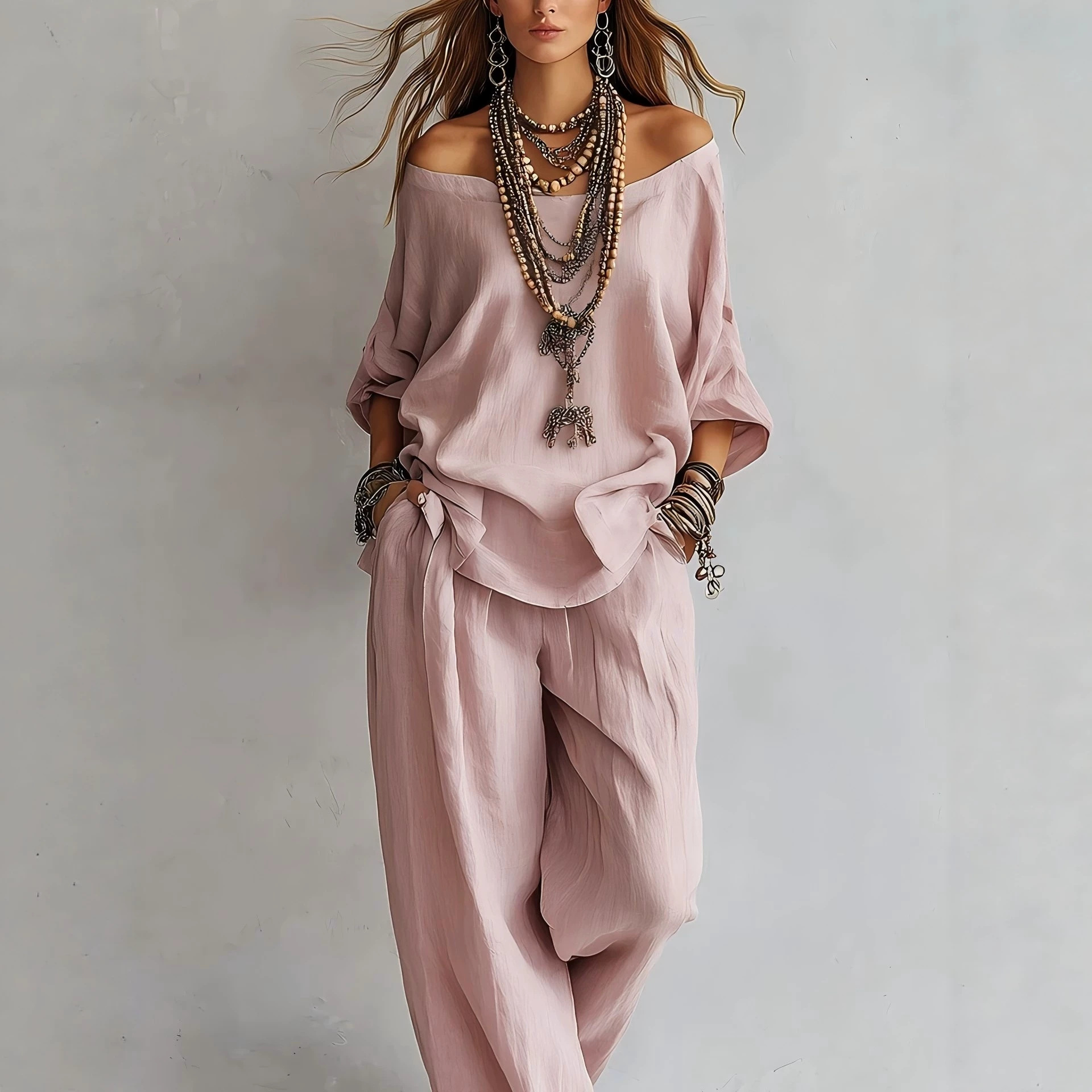 Linen Pant Wide - Conjunto de Top de Linho Solto