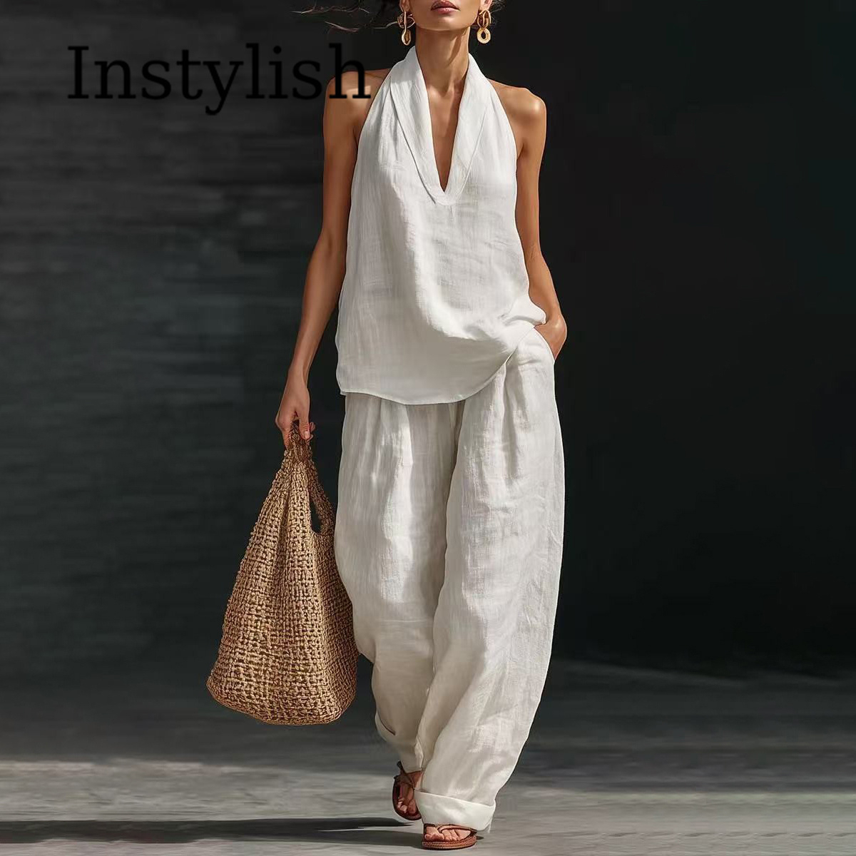 Linen Pant Wide - Conjunto Feminino Casual de Verão em